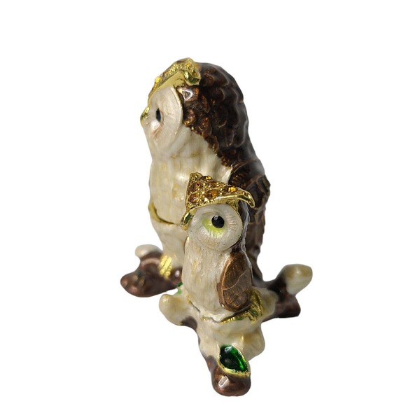 Pier 1 Owl with Baby Figurine Cloisonné Rhinestone Trinket Box Jewelry Holder - Picture 4 of 14